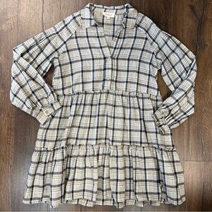 Peach Love California Tan Plaid Tiered Dress SZ LG